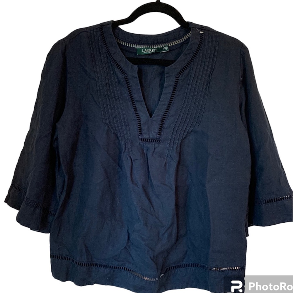 Lauren Ralph Lauren Navy‎ Blue 3/4 Sleeve Split V-Neck Eyelet Blouse sz Large